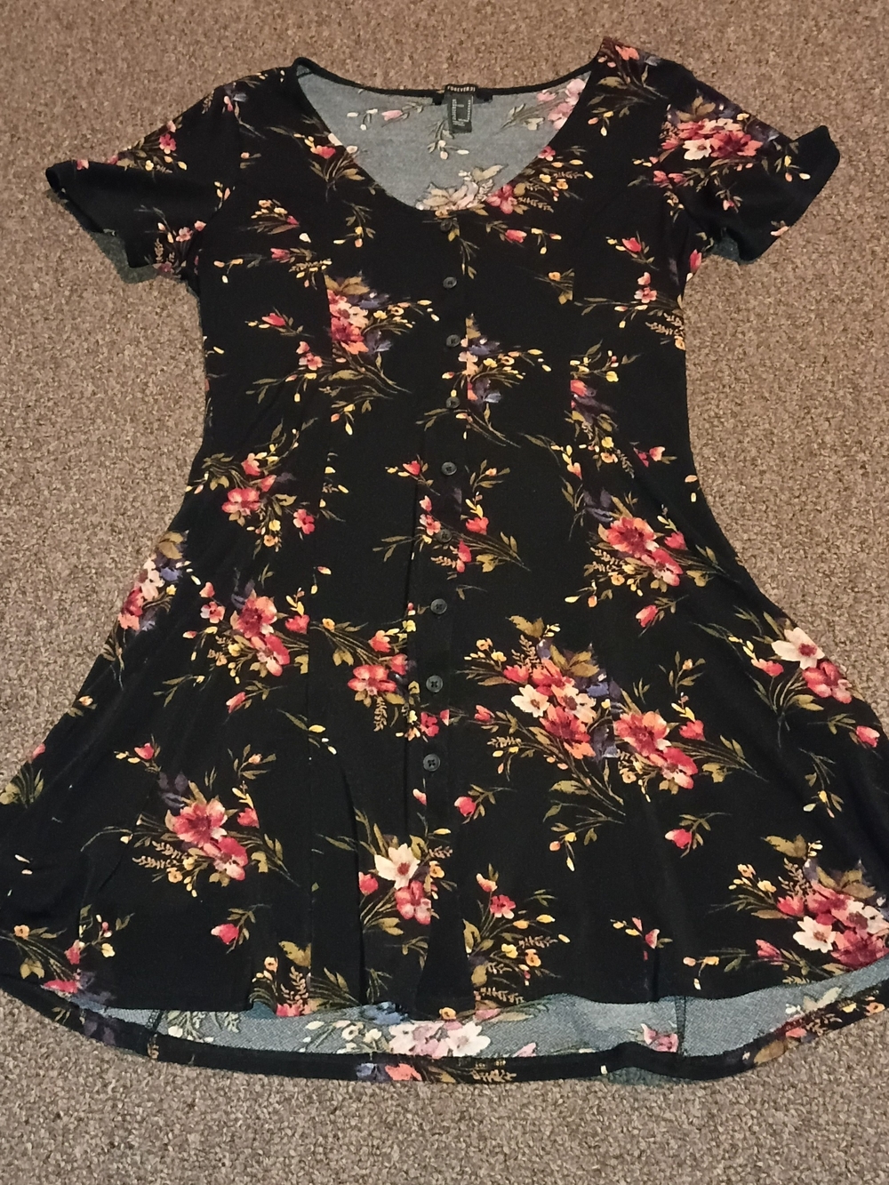 Forever 21 Black Floral V-Neck Skater Dress